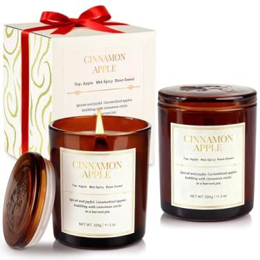 Imagem de CJVIUS Pacote com 2 velas perfumadas para casa, pavio de madeira, canela e maçã, 640 g, 150 horas de duração, conjunto de presentes de velas de cera de soja natural, para Natal, aniversário, dia dos