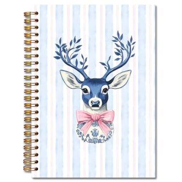 Imagem de Exqcom Caderno espiral de cervo de Natal azul chinoiserie, diário de Natal com laço rosa formal para mulheres, caderno de capa dura de Natal da Grandmillennial, material escolar, 14 x 21 cm