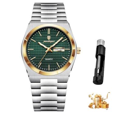 Imagem de Relógio masculino, movimento analógico de quartzo, caixa e bracelete em aço inoxidável, resistente à água, relógio de pulso cronógrafo Dourado-verde