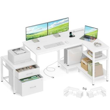 Imagem de Casaottima Mesa em forma de L com gavetas e armário de arquivo, mesa branca para computador de 139 cm com prateleiras de armazenamento e suporte de CPU, mesa de canto com tomadas, mesa em L reversível