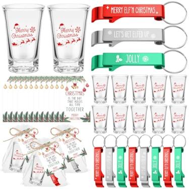 Imagem de Roshtia 18 peças de lembrancinhas de festa de Natal, 34 g, copos de acrílico para shot de 3 estilos, chaveiro abridor de garrafas com cartões comemorativos e sacos de organza, suprimentos de Natal