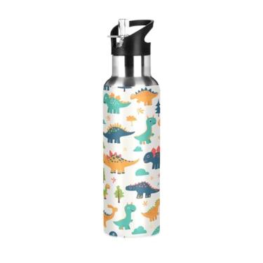 Imagem de ATTX Garrafa de água de aço inoxidável de 600 ml com canudo com desenho de dinossauros, sem BPA, para academia, trabalho, atividades ao ar livre e viagens #839
