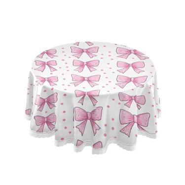 Imagem de SEHANY Toalha de mesa redonda com laço rosa de 152 cm, tecido lavável sem rugas, toalha de mesa decorativa de renda para restaurante, casamento, acampamento, festa de cinco de maio