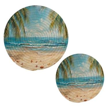 Imagem de Blueangle 2 peças de lindo suporte de panela de praia - conjunto de pegadores de panela de tecido redondo - almofadas quentes trançadas de algodão - porta-copos - tapetes de mesa para cozinhar e assar
