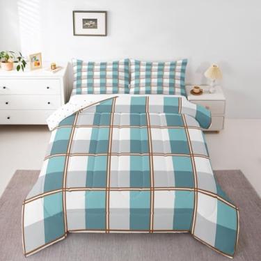 Imagem de jejeloiu Conjunto de edredom xadrez para todas as estações, azul-petróleo, branco, xadrez, com 1 fronha, microfibra geométrica, roupa de cama solteiro, luxuosa, para decoração de quarto, edredom