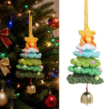 Imagem de Enfeites de árvore de Natal de crochê coloridos mini tricotados à mão acessórios de pendurar com sino decoração de Natal para decoração de férias, casa, escritório, festa, carro (verde)