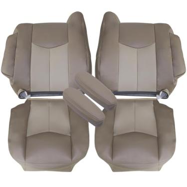 Imagem de GXARTS Tampa de assento de substituição para parte inferior do lado do motorista e do passageiro, capa traseira e apoio de braço caramelo compatível com GMC Yukon Denali Sierra Denali 2003 2004 2005