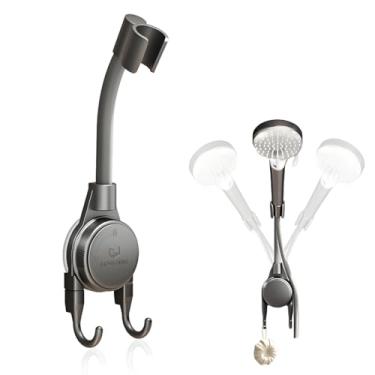 Imagem de Suporte de cabeça de chuveiro, braço de comprimento extra ajustável giratório de 360°, suporte de mangueira de chuveiro flexível para montagem na parede, suporte de chuveiro portátil removível sem