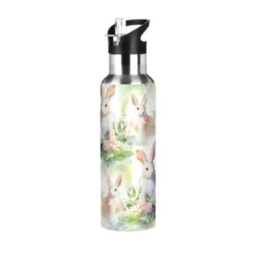 Imagem de Wassud Garrafa de água White Rabbits de aço inoxidável esportiva com canudo garrafas de água isoladas copo portátil de viagem 623 g