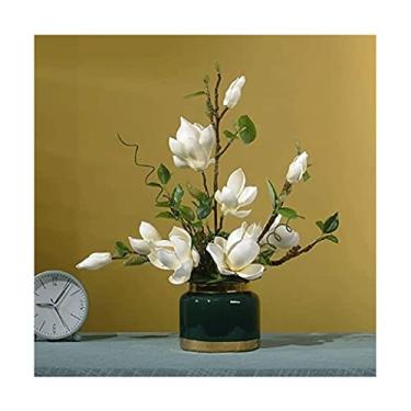 Imagem de LMJYU Flor artificial de magnólia decorativa, buquê de flores falsas, arranjo em vaso, buquê de flores falsas