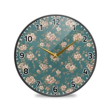 Imagem de WELLDAY Relógio de parede sem tique-taque 25 cm - Relógio redondo silencioso de quartzo vintage azul-petróleo floral operado por bateria para casa/escritório/cozinha/sala de aula
