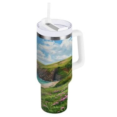 Imagem de Kigai Copo bonito de pintura a óleo de flor de penhasco de 1,134 g com tampa e palha, copo isolado de aço inoxidável durável à prova de vazamento com alça, garrafas de água à prova de derramamento