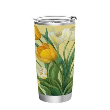 Imagem de Wassud Copo de tulipas amarelas de 590 ml com tampa e canudo de aço inoxidável, parede dupla, copo isolado para viagem, caneca de café para bebidas frias e quentes