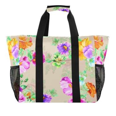 Imagem de Wassud Flores coloridas esboçadas reutilizáveis sacolas de compras grande bolsa de lona impermeável organizador para praia, piquenique, lavanderia, viagem