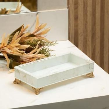 Imagem de Bandeja Vidro P 20x10 Efeito Mármore Bandeja Decorativa Organizadora (DOURADA,COM O PÉ)