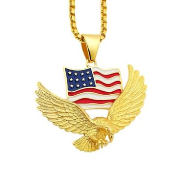 Imagem de Colar masculino com pingente de águia prateada majestosa com bandeira americana - Uma declaração ousada de joias hip hop, símbolo de liberdade e estilo incomparável, Standard, Banhado a branco, K, Sem
