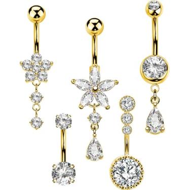 Imagem de MS CUTE Conjunto de 5 anéis de umbigo de ouro para mulheres, anéis de umbigo de aço inoxidável 14G 10 mm com pingente de gota de flor de cristal CZ transparente, conjunto de joias hipoalergênicas para