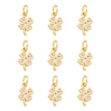 Imagem de Elecrelive 10 pingentes de trevo de quatro folhas da sorte, pingentes banhados a ouro 18K, pingentes de zircônia cúbica, pingentes do dia de São Patrício, para colar, pulseira, brincos, fabricação de