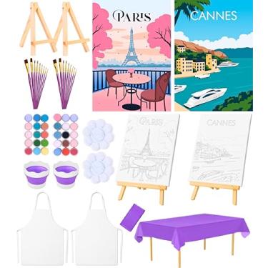 Imagem de KEYBREE Kit de pintura e gole para adultos por números – 2 telas pré-desenhadas emolduradas, cavaletes de madeira, tintas acrílicas, pincéis, paletas, aventais e capa de mesa | Kit de pintura para