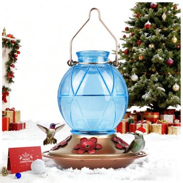 Imagem de BOLITE Alimentadores de beija-flor para pendurar ao ar livre, alimentadores de beija-flor de vidro 18016B, garrafa em forma de bola com textura de rede, 590 ml, azul