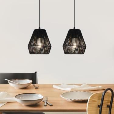 Imagem de WBinDX Pacote Com 2 Luminárias Pendentes De Vime Preto, Ilha De Cozinha, Conjunto De Luminárias Pendentes Boho De 7'', Mini Luminária Suspensa De Fazenda Com Abajur De Cesta De Vime Trançado À Mão P
