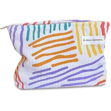 Imagem de Sacola de veludo cotelê listrada colorida, bolsa de armazenamento portátil para artigos de higiene pessoal, produtos para a pele, artigos diversos e cosméticos de beleza - adequada para viagens