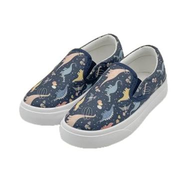 Imagem de Sapatos infantis para meninas e meninos, dinossauros fofos, sem cadarço, tênis de lona, leve, respirável, desenho animado, cano baixo, casual para caminhada, Azul marino, 10 Toddler