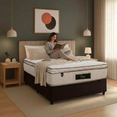 Imagem de Cama Box Baú Casal Suede + Colchão Cloud Pillow Top Molas Ensacadas Luckspuma 138x188x74 Marrom