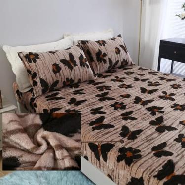 Imagem de MAG Jogo de cama casal casal com 3 peças de lã de borboleta e flanela, microfibra preta e inseto, romântico, fofo, quente, supermacio, para mulheres e homens, com 1 lençol com elástico + 2 fronhas.