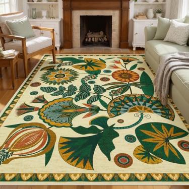 Imagem de Joydeco Tapetes de área boêmios florais egípcios para sala de estar, tapete bege lavável para entrada de quarto, antiderrapante, tapete interno macio vintage para sala de jantar, cozinha, sala de