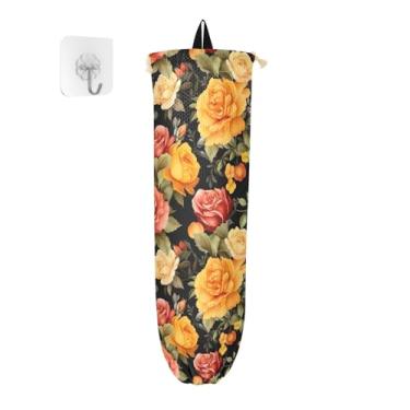 Imagem de Porta-sacos plásticos de flores coloridas de rosas laranja e amarelas, organizador de armazenamento para cozinha, dispensador de saco plástico para sacolas de mercearia
