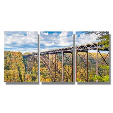 Imagem de Arte de parede New River Gorge West Virginia EUA 3 peças New River Gorge Bridge Arte de parede paisagem natural West Virginia Forest Wall Painting Arte para paredes de casa emoldurada pronta para
