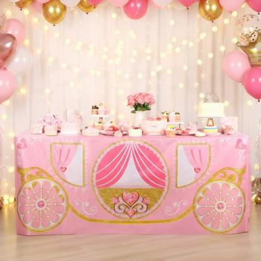Imagem de Oudain Decoração de festa de princesa de 1,8 m, tema cosplay, artigos para festas de aniversário, tecido lavável, toalha de mesa retangular rosa, protetor de mesa para chá de bebê de aniversário