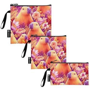Imagem de Desenhos animados bonitos capivaras florais reutilizáveis sanduíche e lanche sacos de armazenamento de alimentos de tecido lavável com zíper para estudantes (conjunto de 3: P/M/G)