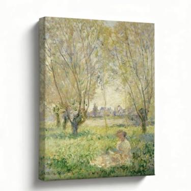 Imagem de Arte de parede em tela Spring Meadow, mulher lendo sob árvores pintura a óleo impressionista, arte de paisagem pastel suave para quarto sala de estar, decoração de casa romântica, 20 x 25 cm