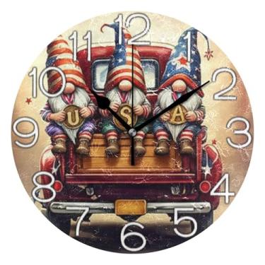 Imagem de Relógio de parede analógico decorativo operado por bateria silencioso relógio de cozinha rústico, arte de parede boho decoração de casa EUA Gnomos Dia da Independência, 25 cm, ponteiros pretos