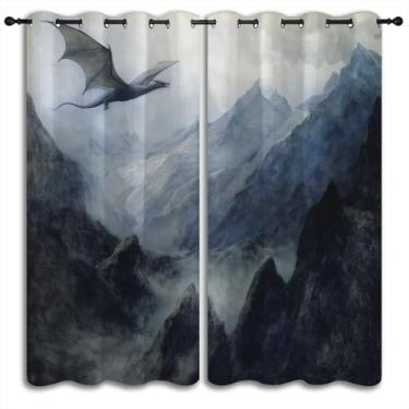 Imagem de PYMATYTN Cortinas blackout de dragão para decoração de casa de quarto de meninos e meninas, fantasia, mágica, animal, montanhas, estilo retrô, isolamento térmico, ilhós, escurecimento, cortinas de