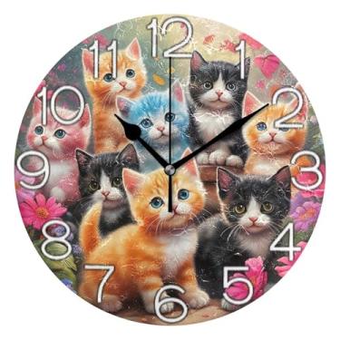 Imagem de GAIGEO Relógio de parede analógico decorativo quarto cozinha relógio operado por bateria silencioso, decoração de parede moderna sala de estar colorido gatinhos fofos floral rosa, 25 cm, ponteiros