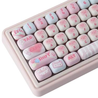 Imagem de TYRIXKI Teclas PBT 135 teclas fofas de algodão doce com sublimação de tinta perfil MOG rosa creme personalizado redondo para teclados mecânicos MX Swithes para jogos mecânicos