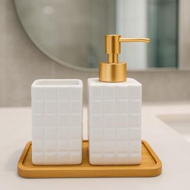 Imagem de Kit Banheiro Lavabo em Cerâmica com Dispenser para Sabonete Líquido e Porta Escova de Dente Decorativo(BRANCO QUADRADINHOS)