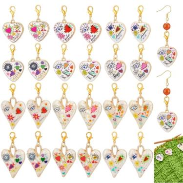 Imagem de PH PandaHall 24 peças de marcadores esmaltados de coração com olho turco, marcadores de tricô em forma de coração, pingentes de fecho de lagosta, ferramentas de tricô removíveis de crochê para costura