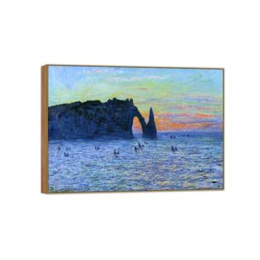 Imagem de BMZFYBS Claude Monet Famosas Impressões em Tela de Parede Prontas para Pendurar - Rock e Porto Pôr do Sol - Pintura em Moldura de Madeira para Decoração de Sala de Estar 90 x 125 cm 35 x 49 pol