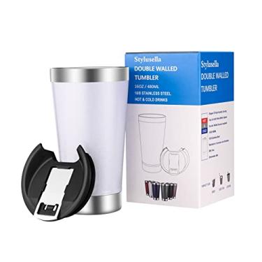 Imagem de Stylusella Tumbler, Caneca de cerveja de aço inoxidável 16oz/480ml, copo de vidro de pinta, copo isolado a vácuo de parede dupla, tampa de chávena com abre-garrafas de metal, mantém as bebidas frias ou quentes, perfeito para cerveja, café, chá gelado e outras bebidas (Pérola)