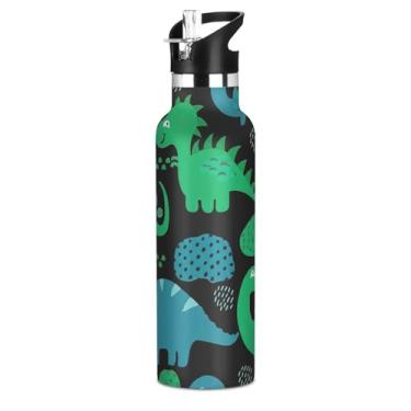Imagem de Garrafa de água de aço inoxidável à prova de vazamento dinossauros verde azul preto para crianças e meninos copos de viagem isolados com tampa de canudo para bebidas quentes ou frias, 590 ml