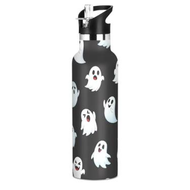 Imagem de Joisal Garrafas de água isoladas de aço inoxidável de 590 ml com tampa de canudo para bebidas frias ou quentes, desenhos animados fofos fantasmas brancos pretos à prova de vazamento livre de BPA copos