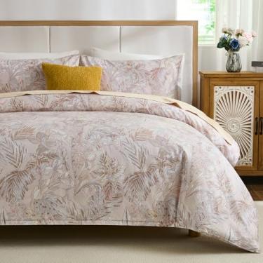 Imagem de Cozaline Capa de edredom 100% algodão king size – Conjunto de cama botânico elegante com fecho de zíper, 3 peças de capa de edredom com estampa floral rosa macia respirável e 2 fronhas