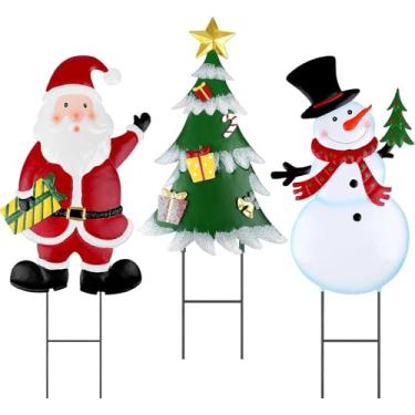 Imagem de DETENE 3 peças de estacas de metal decorativas de Natal para decoração de Natal ao ar livre boneco de neve de metal Papai Noel árvore decorações de quintal para jardim, gramado, quintal, placas