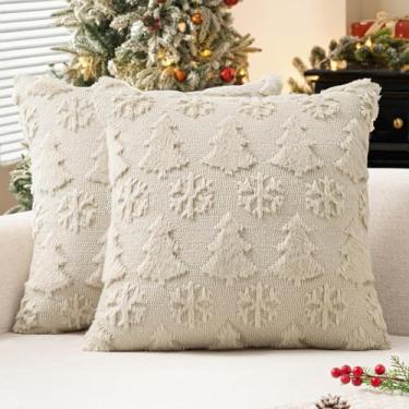 Imagem de MIULEE Capas de almofada decorativas para árvore de Natal e flocos de neve, 45,7 x 45,7 cm, conjunto de 2 fronhas de lã sintética de pelúcia bege, decoração de casa, almofadas para sofá, cama, varanda