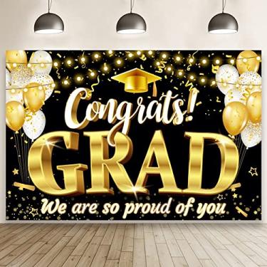 Imagem de Fundo de formatura dourado preto 2023 banner de parabéns para festa de formatura decoração de festa de formatura decoração de formatura 2023 suprimentos de festa de formatura decorações banner adereços de cabine de fotos 3 x 2,4 m