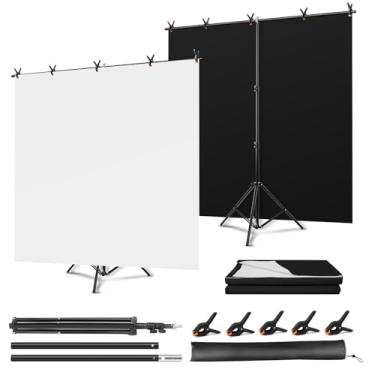 Imagem de Xamanabu Tela de fundo preto e branco com kit de suporte, kit de pano de fundo fotográfico de 1,5 x 2 m, tela branca de fundo preto revisível 2 em 1 com suporte em forma de T e 5 grampos para